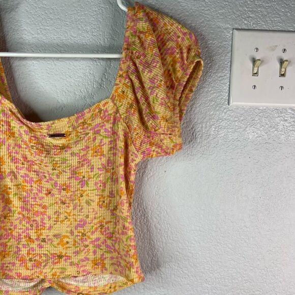 New! Billa Bong Peasant Croped Rushed Floral Print Orange Women’s Top Sz L - Picture 6 of 11